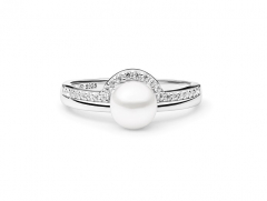 Perlenring weiß 7.5-8 mm umfasst mit Zirkonia, 925er rhodiniertes Silber, Gaura Pearls, Estland